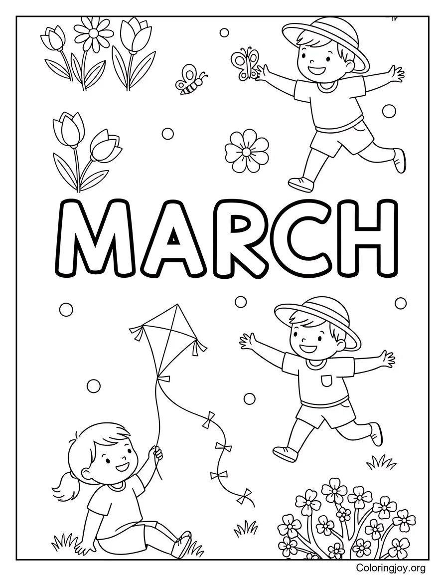 Kids playing on a warm spring day in March coloring page