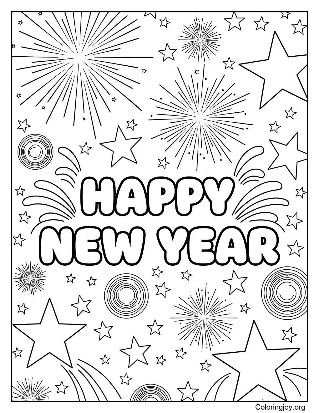 New Year night sky fireworks coloring scene coloring page
