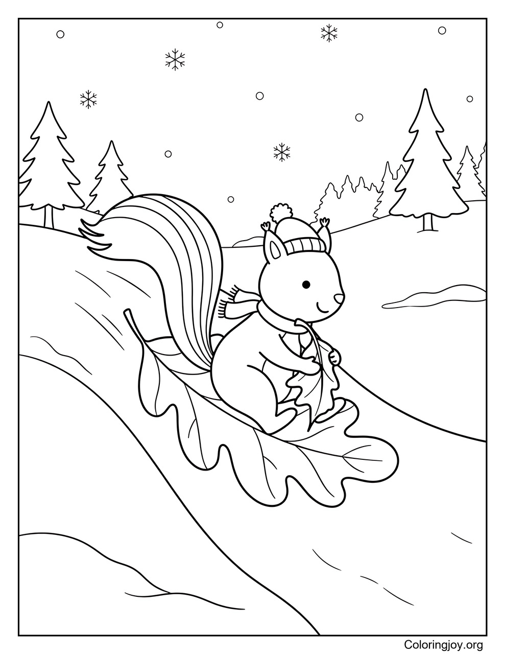 Squirrel Sledding Down a Snowy Hill on a Leaf