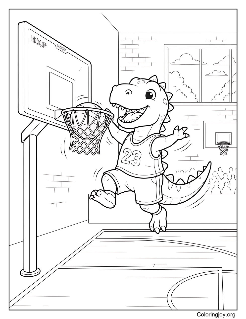 A dinosaur performs a powerful slam dunk.