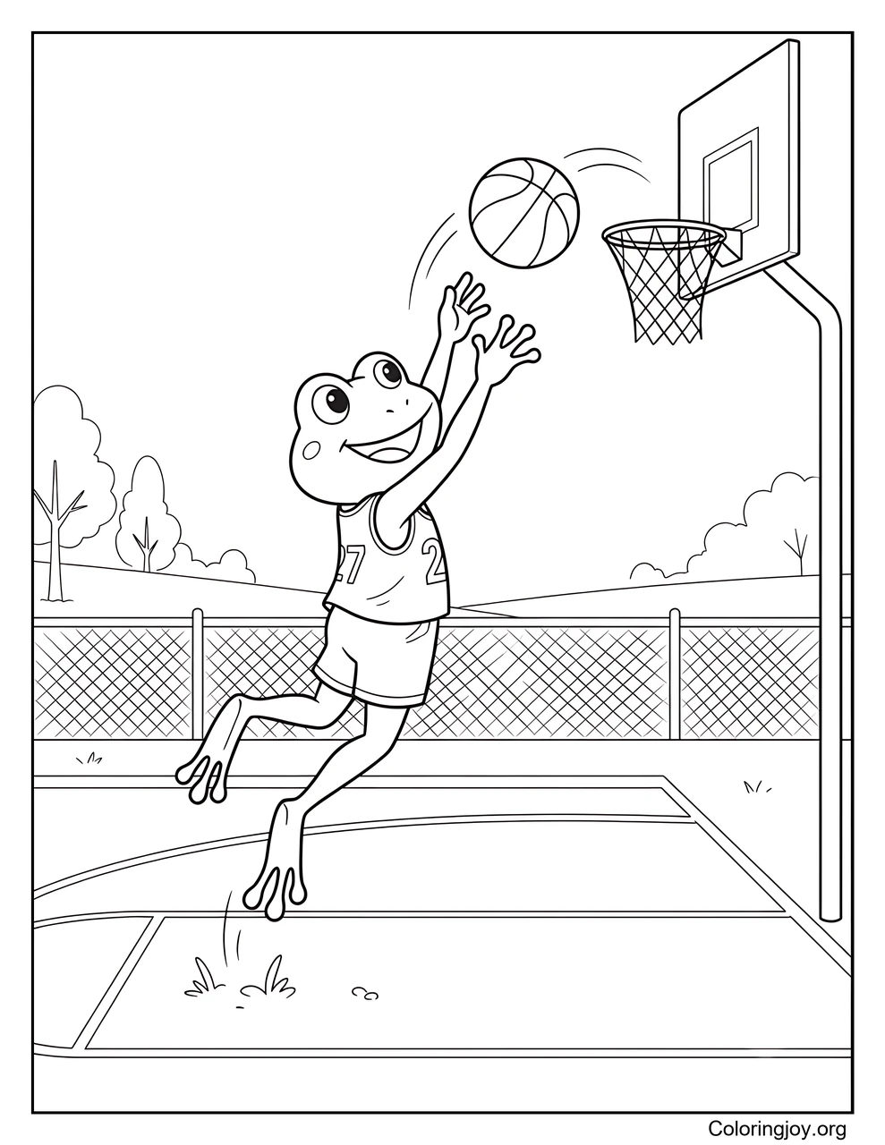 A cheerful frog makes an amazing jump shot.