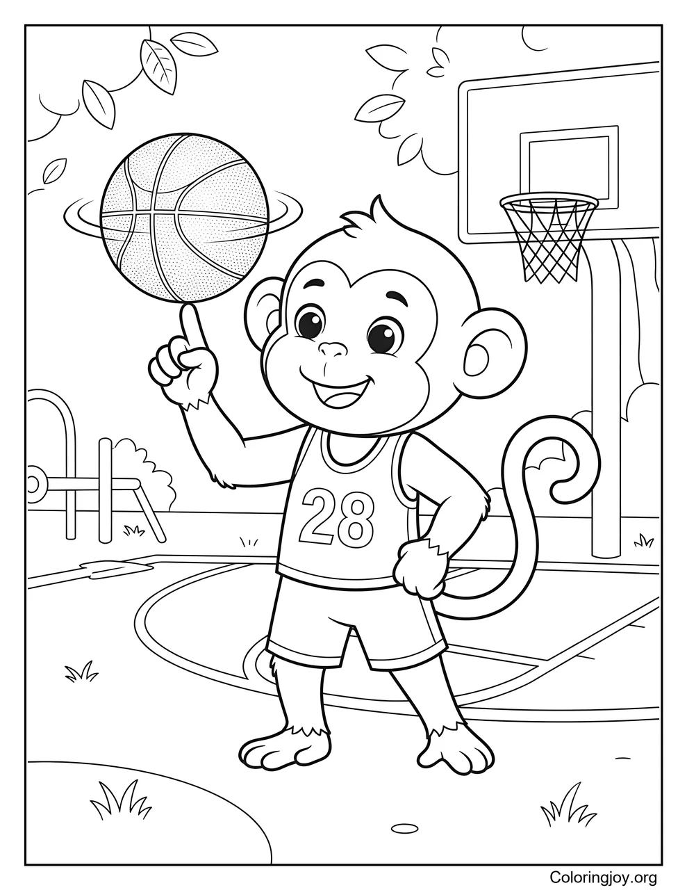 A monkey spins a basketball on one finger.