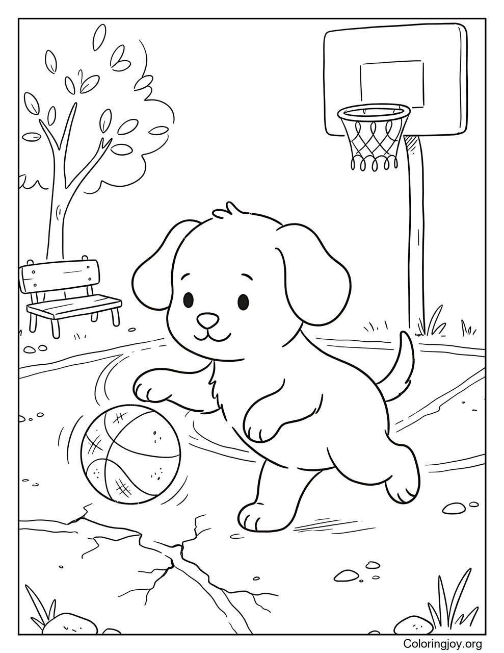 A playful puppy dribbles a basketball.