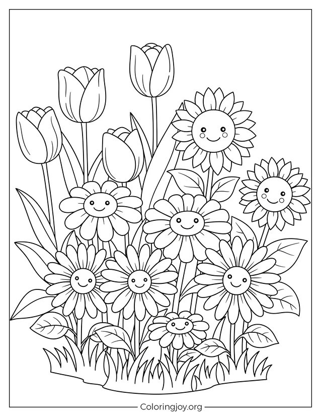 Hoja para colorear del campo de flores de primavera
