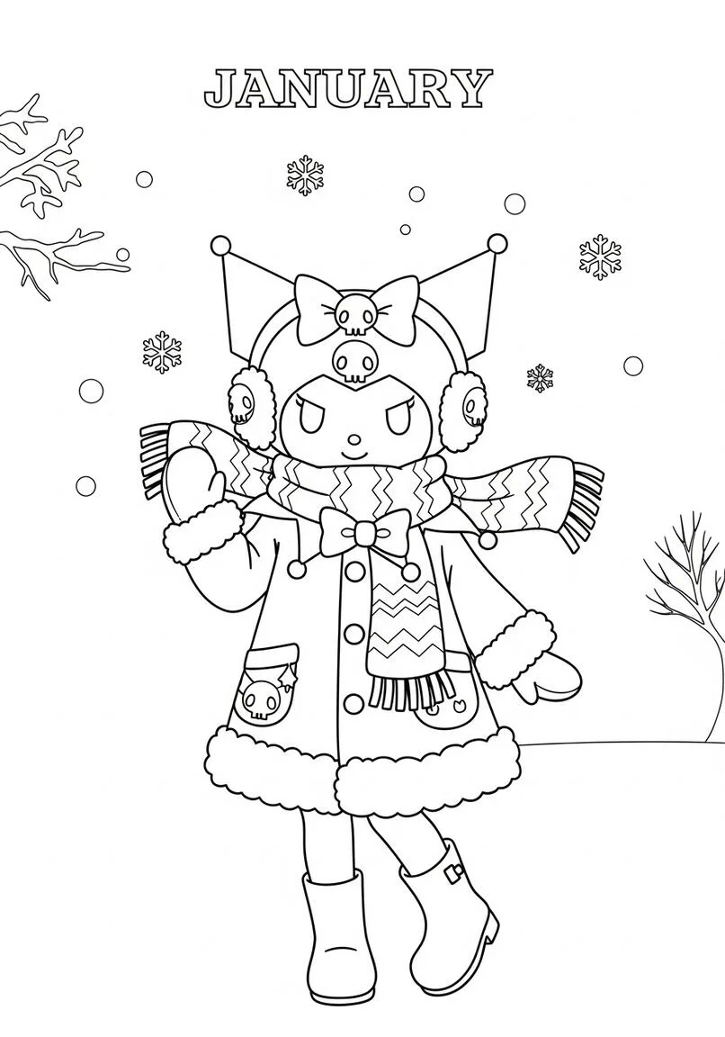 Página para colorear del elegante traje de invierno de enero de Kuromi