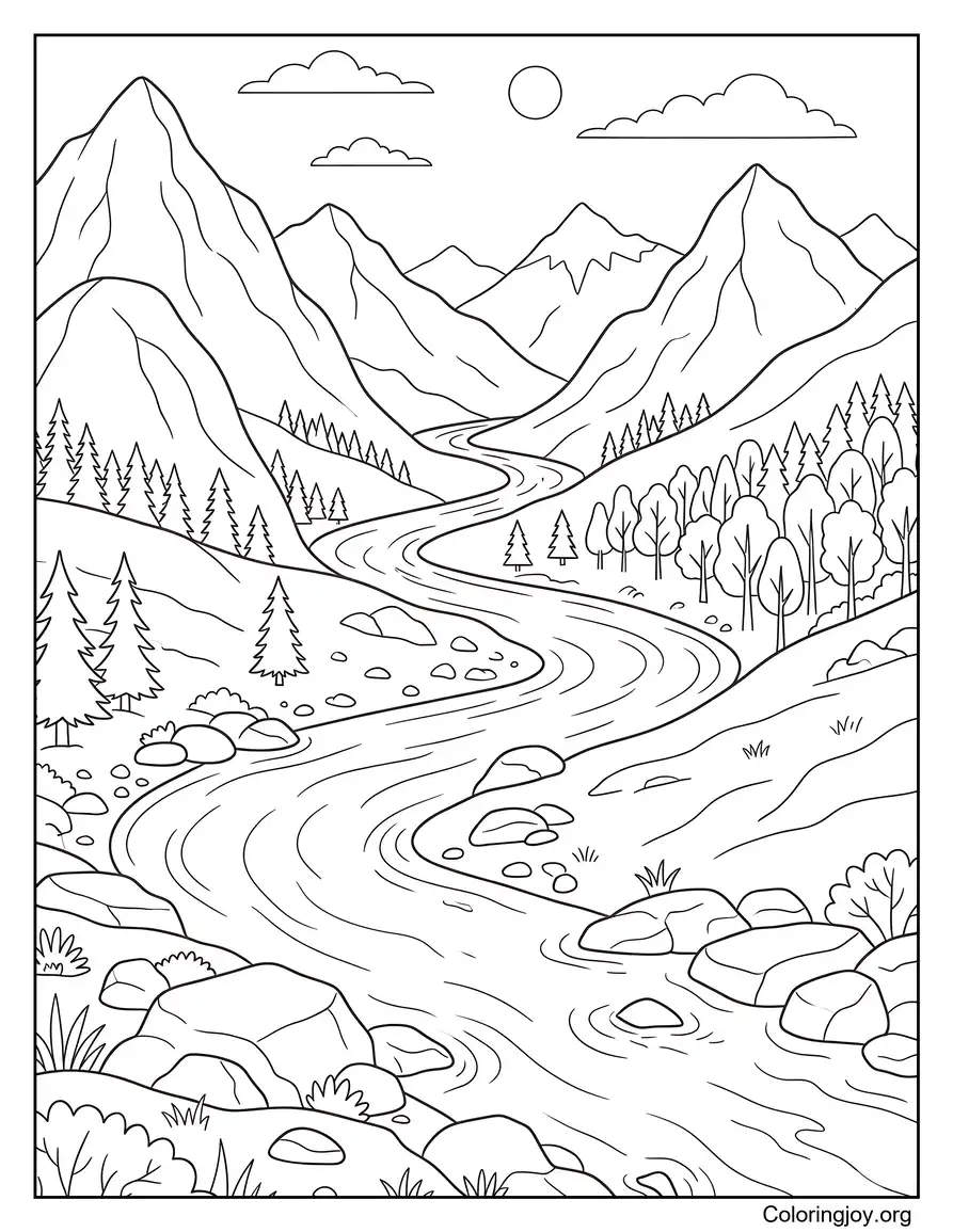 Mountain And River Flow Scene coloring page