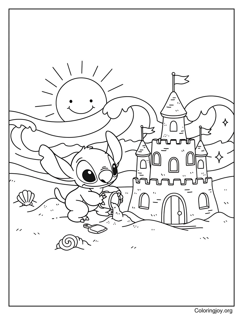 Stitch en la playa página para colorear