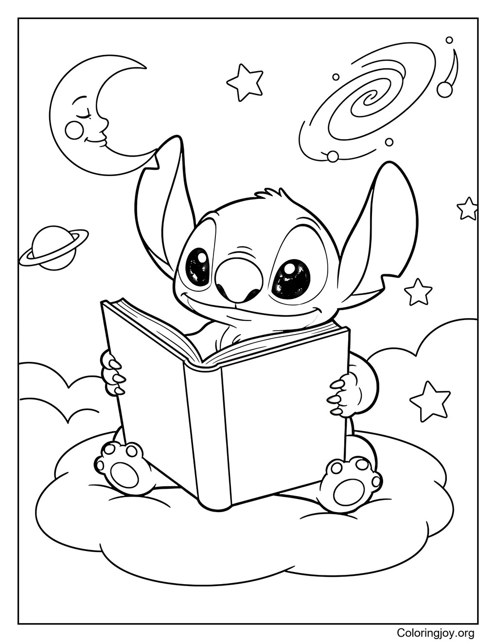 Stitch lectura página para colorear