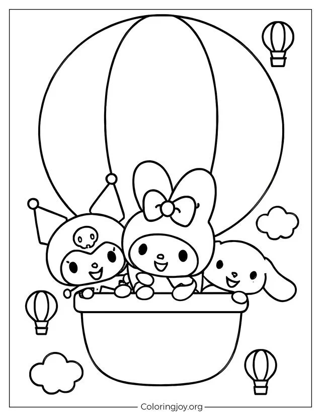 Kuromi, My Melody und eine Freundin schweben glücklich in einem großen Heißluftballon mit flauschigen Wolken und kleineren Ballons am Himmel.