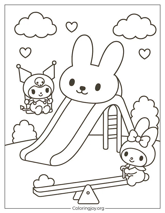 Kuromi und My Melody spielen auf einem niedlichen Hasenspielplatz mit Wolken und Herzen.