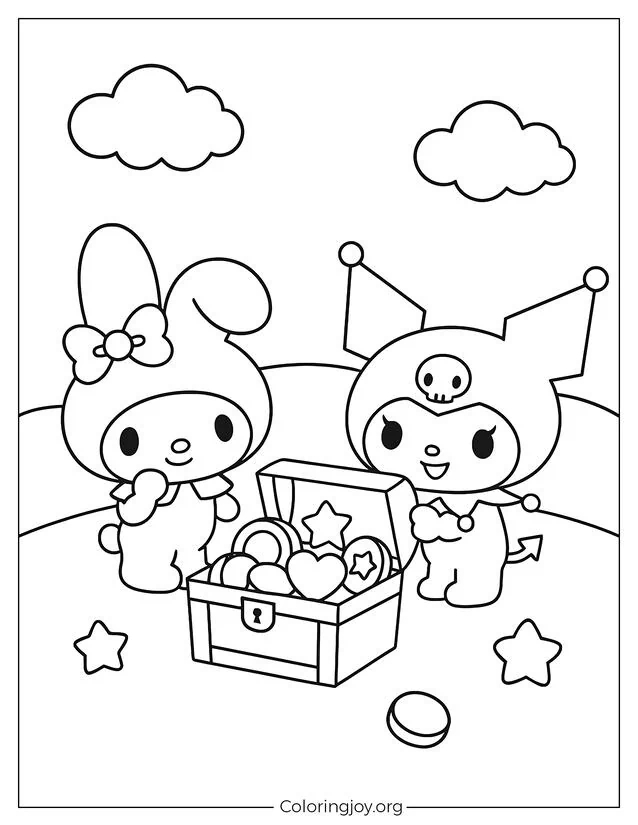 My Melody und Kuromi öffnen eine Schatztruhe voller Münzen, Sternen und Herzjuwelen.