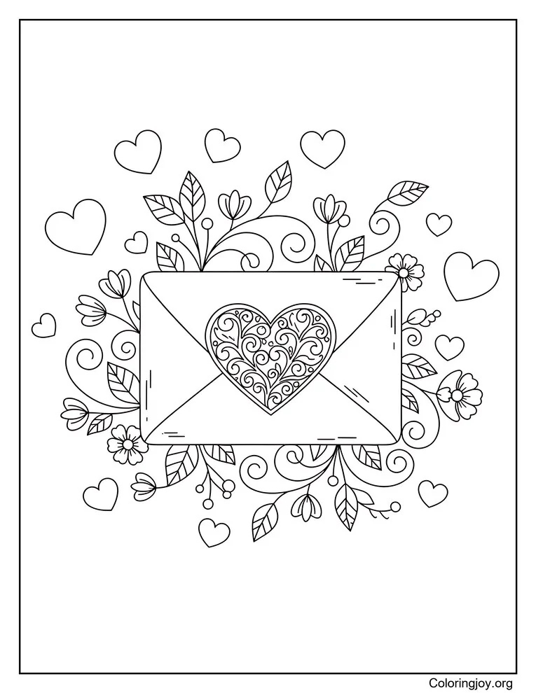 Página para colorear de sobre de corazón