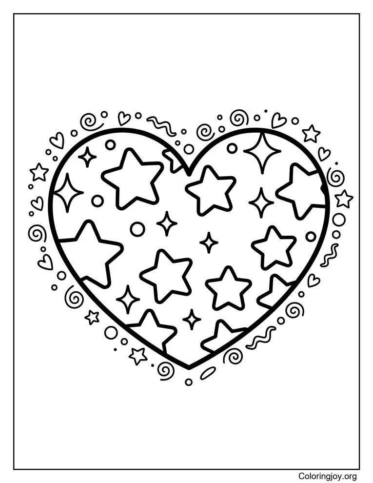 Página para colorear de corazón con estrellas y destellos