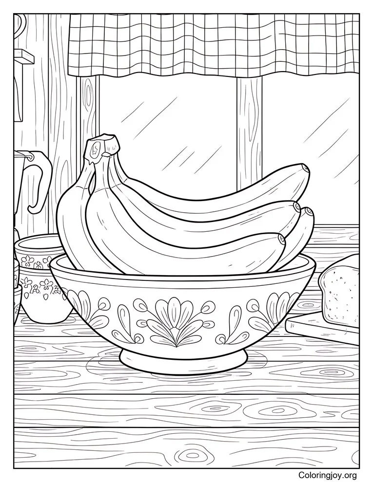 Manojo de plátanos realista en la cocina página para colorear