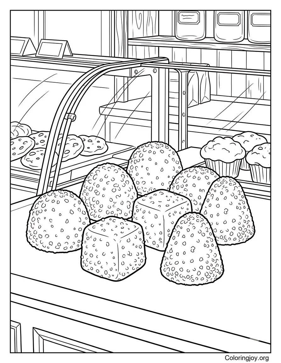 Gumdrops realista en el mostrador de una panadería página para colorear