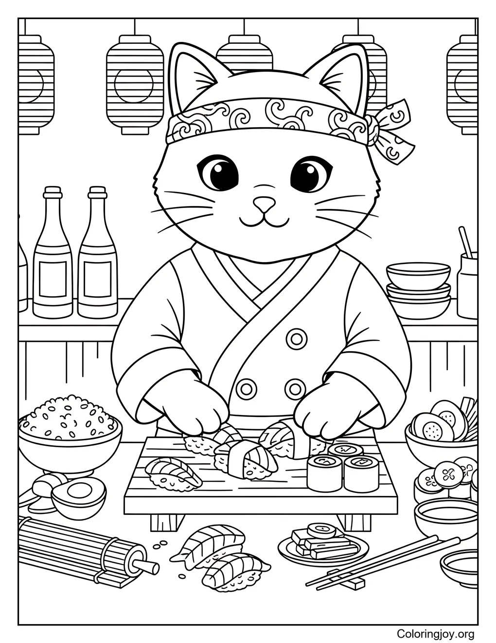 Focused and proud, this chef cat prepares tasty sushi.
