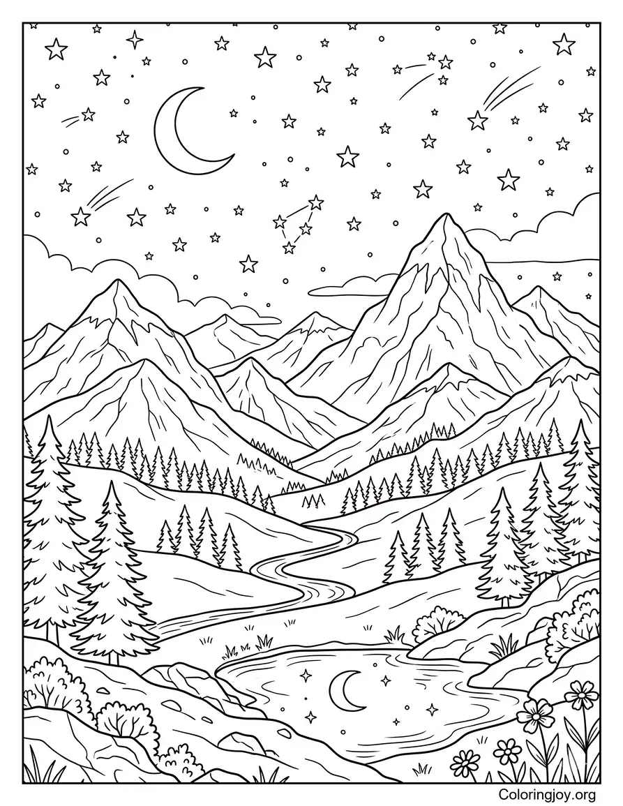 Mountain Night Sky With Stars coloring page