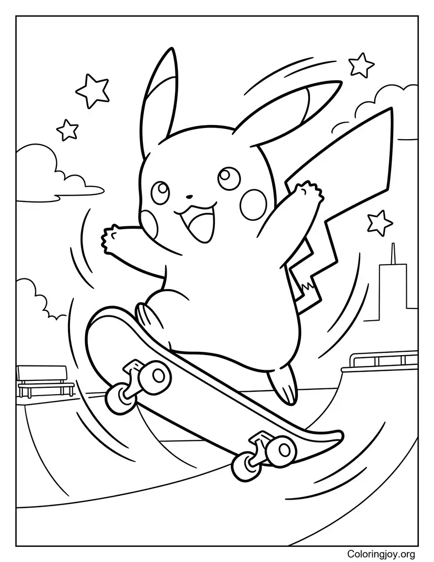 Pikachu Andar en patineta página para colorear