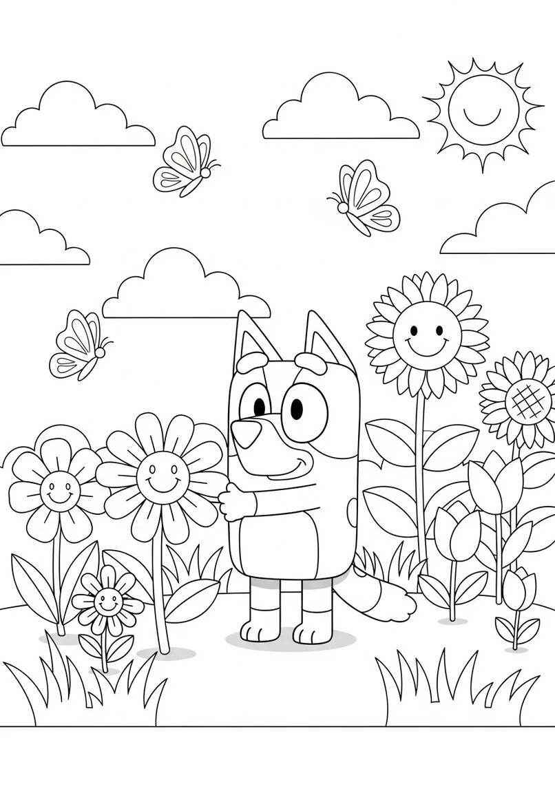 Bluey Página para colorear de flores de jardín de primavera juguetonas