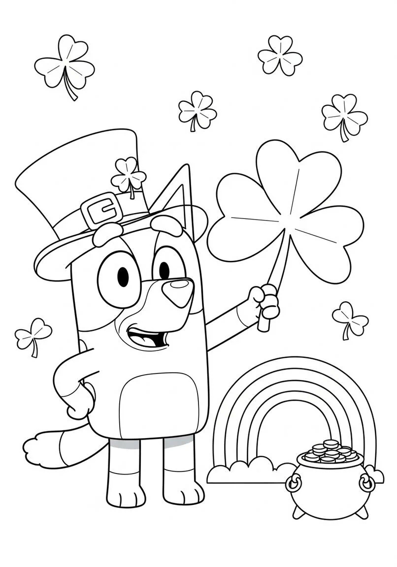 Bluey Página para colorear con sombrero de duende y trébol del día de San Patricio