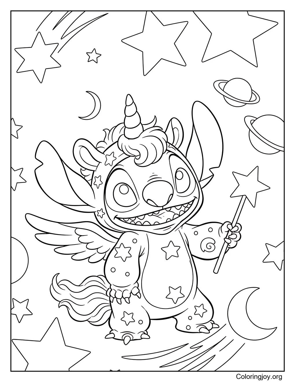 Stitch vistiendo disfraz de unicornio página para colorear