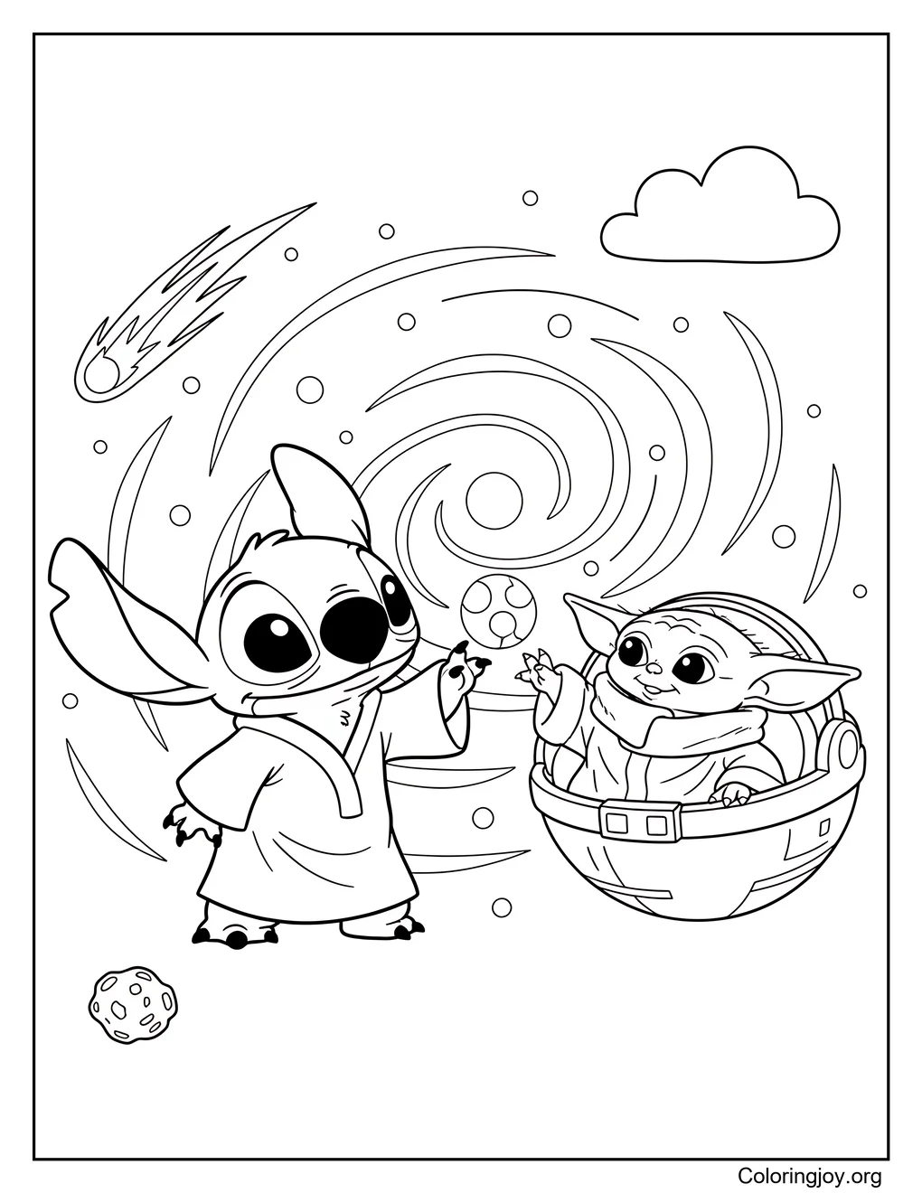 de baby yoda y Stitch página para colorear
