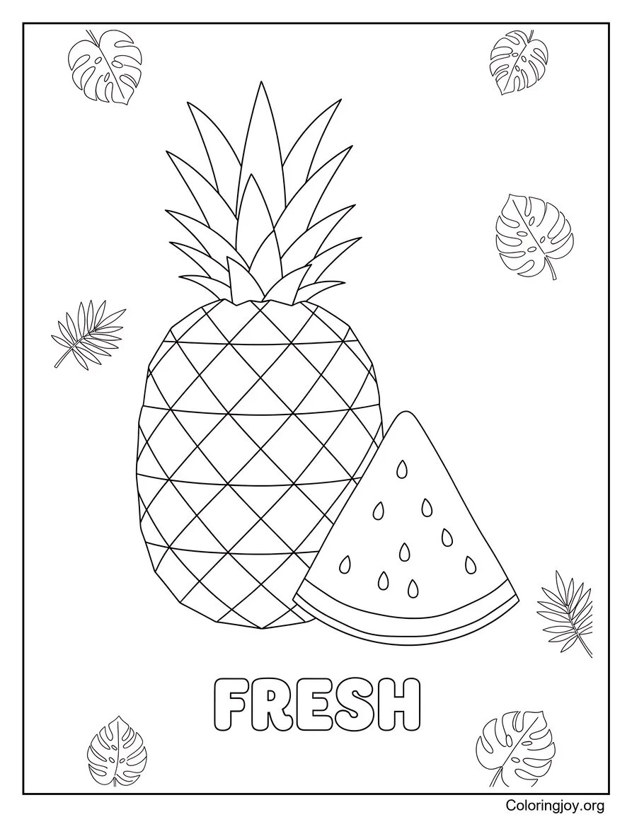 Pagina da colorare estiva di frutti tropicali Tema alimentare divertente disegno da colorare
