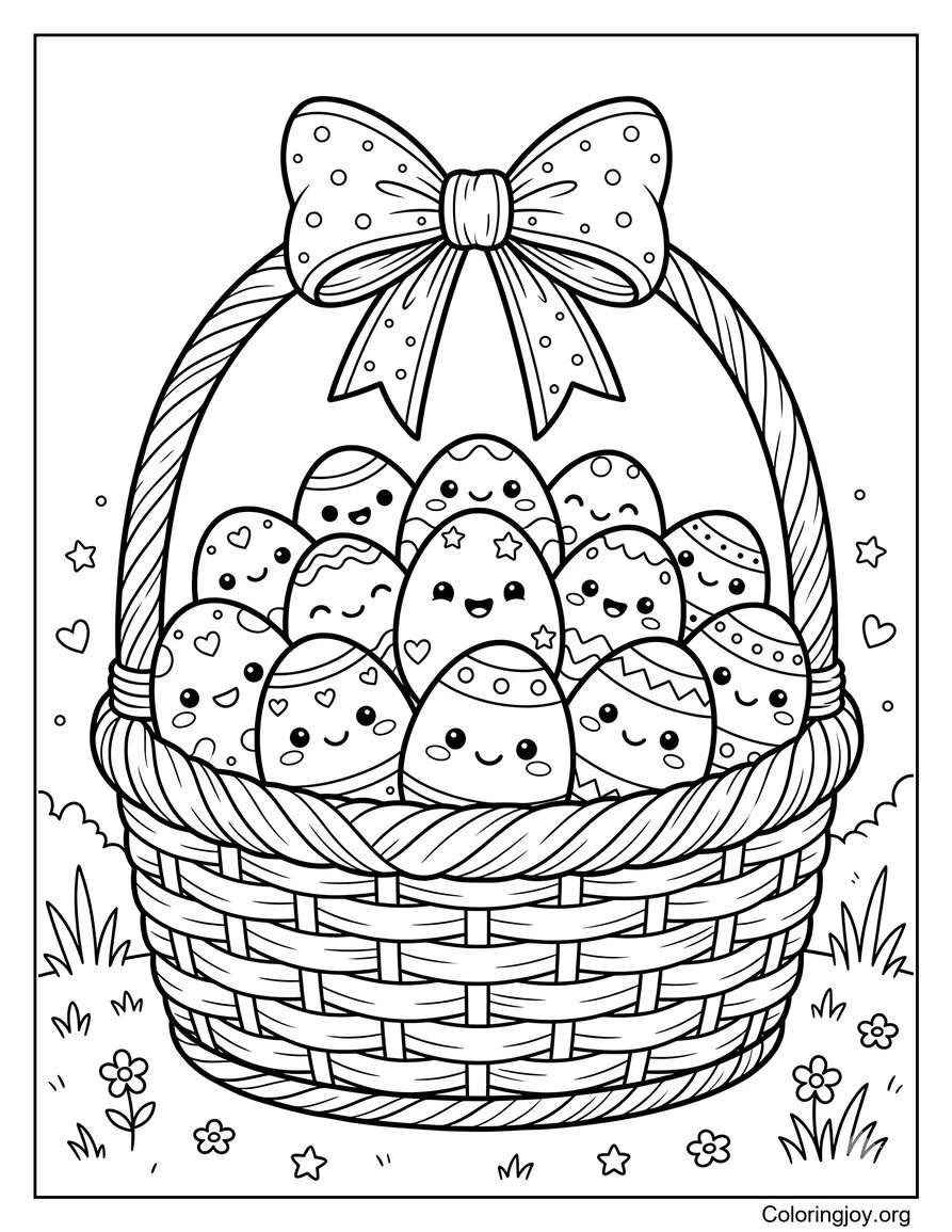 Kawaii basket with smiling eggs and a bow.