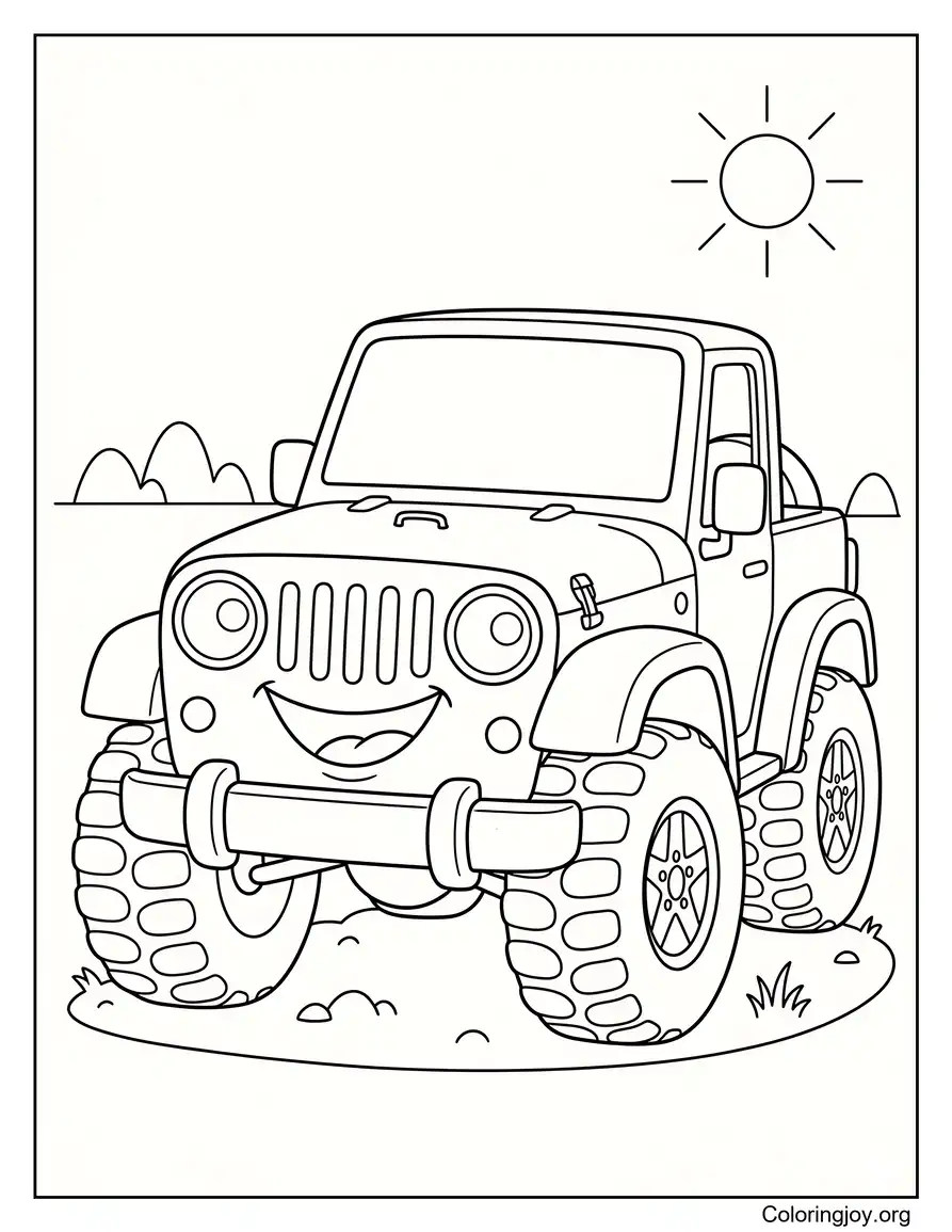 Easy Cartoon Jeep with a Smiling Face coloring page