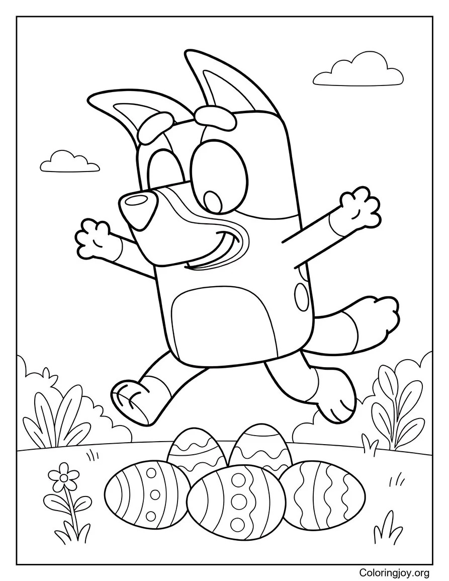 Sobre los huevos, Bluey salta juguetonamente por el jardín.
