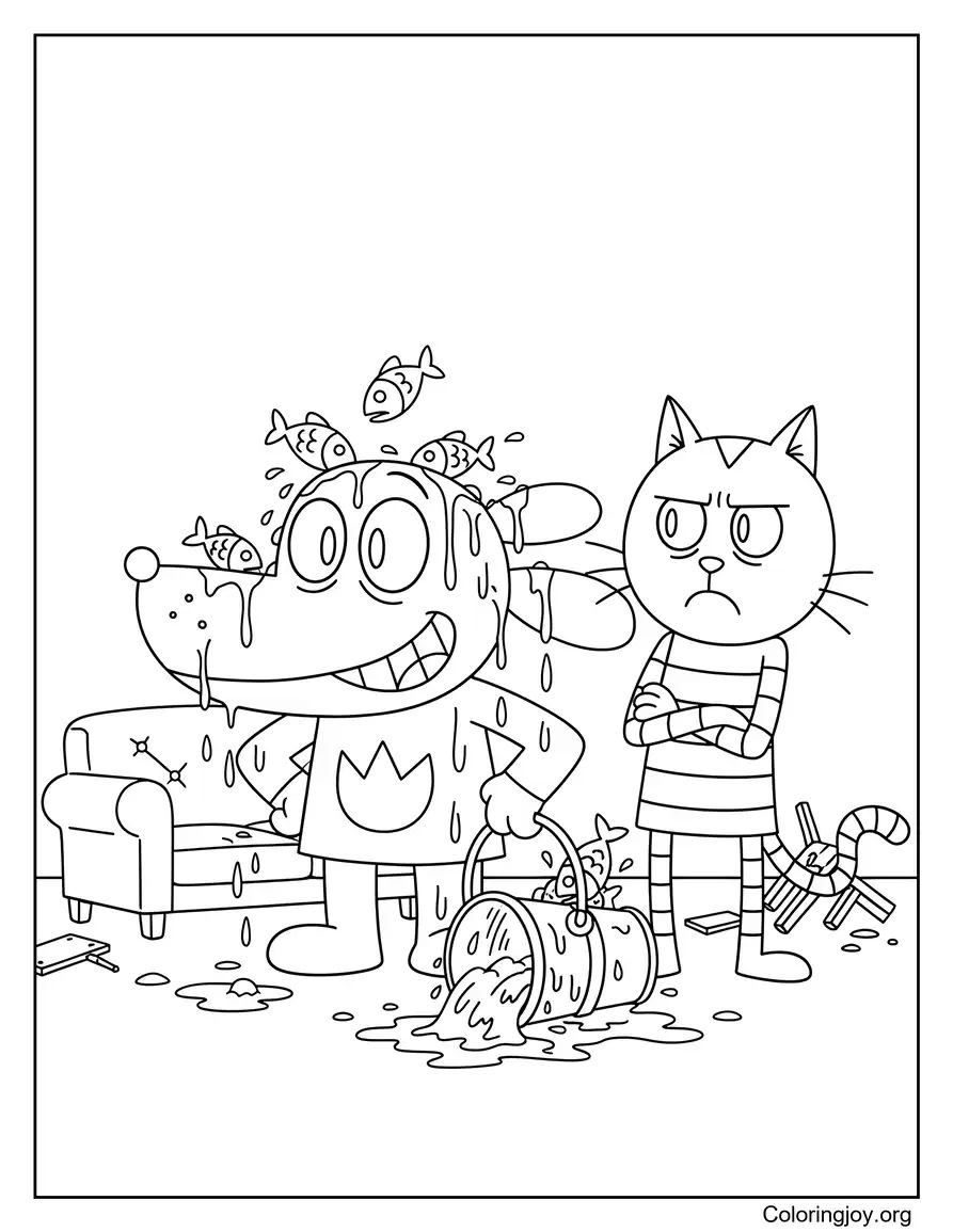 Divertida escena de problemas con Petey el gato y Dog Man página para colorear