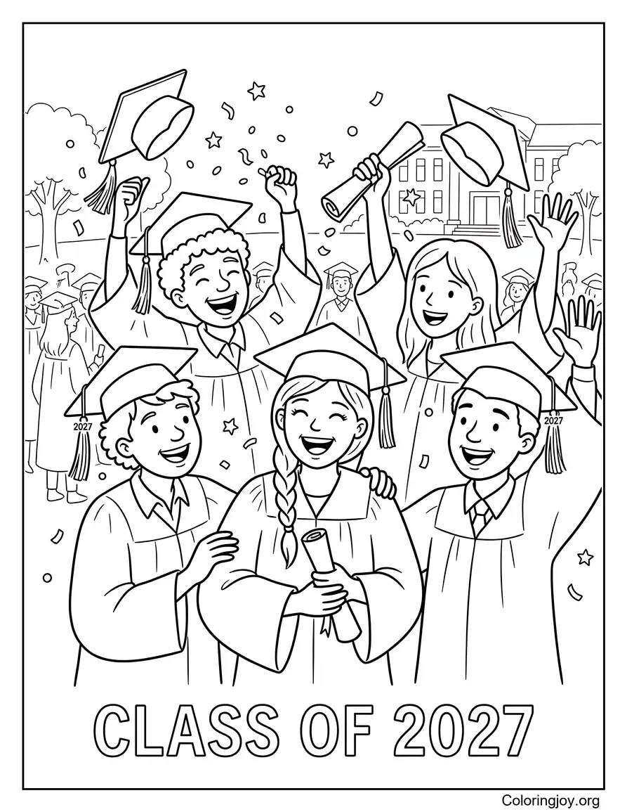 Diverse Students Celebrating Graduation Together coloring page