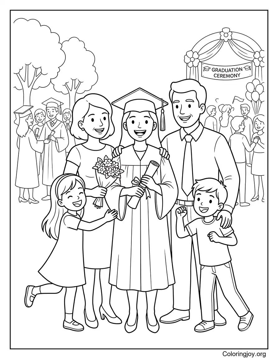 Family Taking Photos With Graduate After Ceremony coloring page