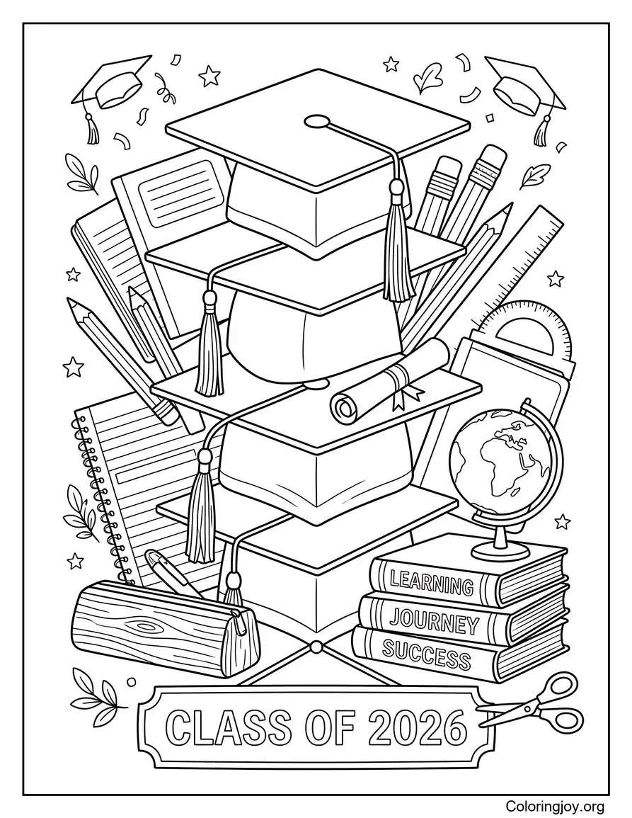 Graduation Cap Stack With School Supplies And Books coloring page