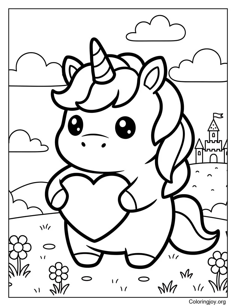 Página para colorear de Unicornio sosteniendo un corazón