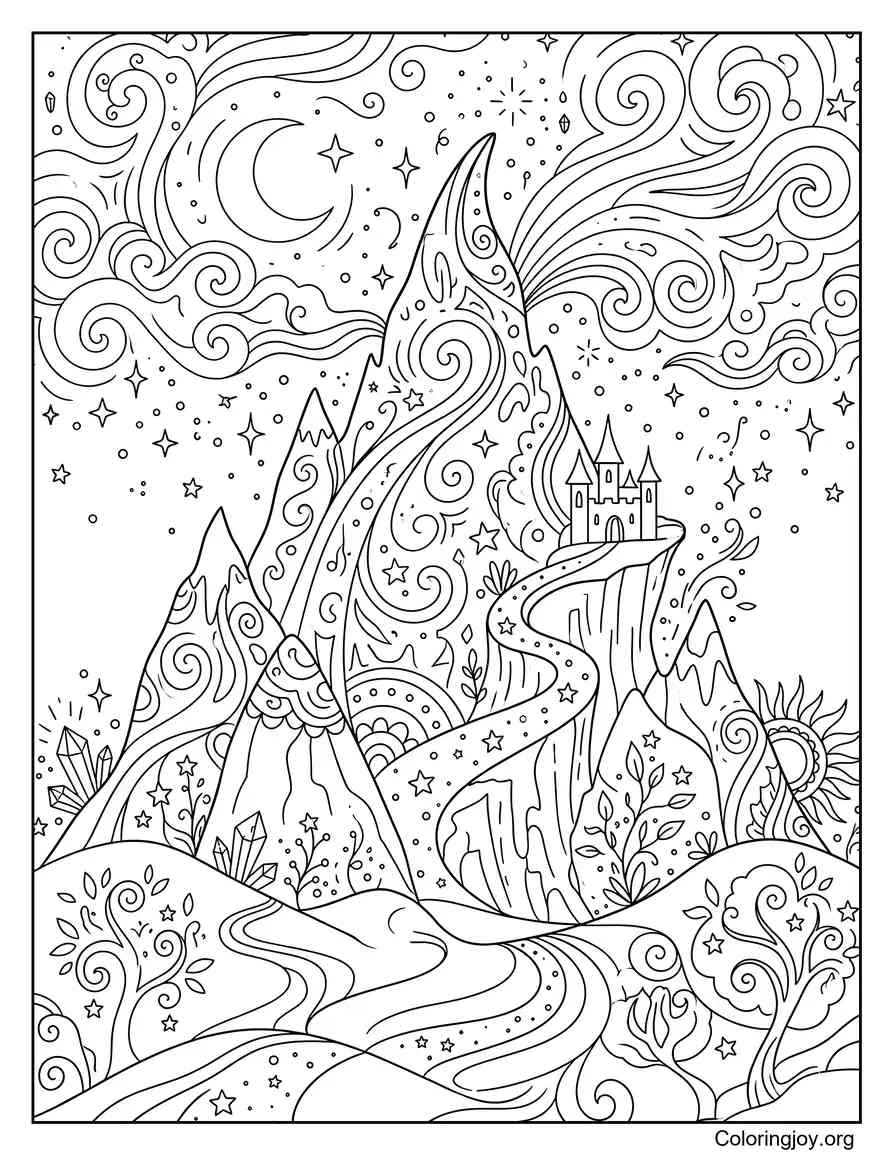 Fantasy Magic Mountain Scene coloring page