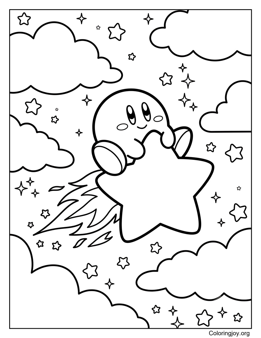 Riding a Warp Star Kirby coloring page