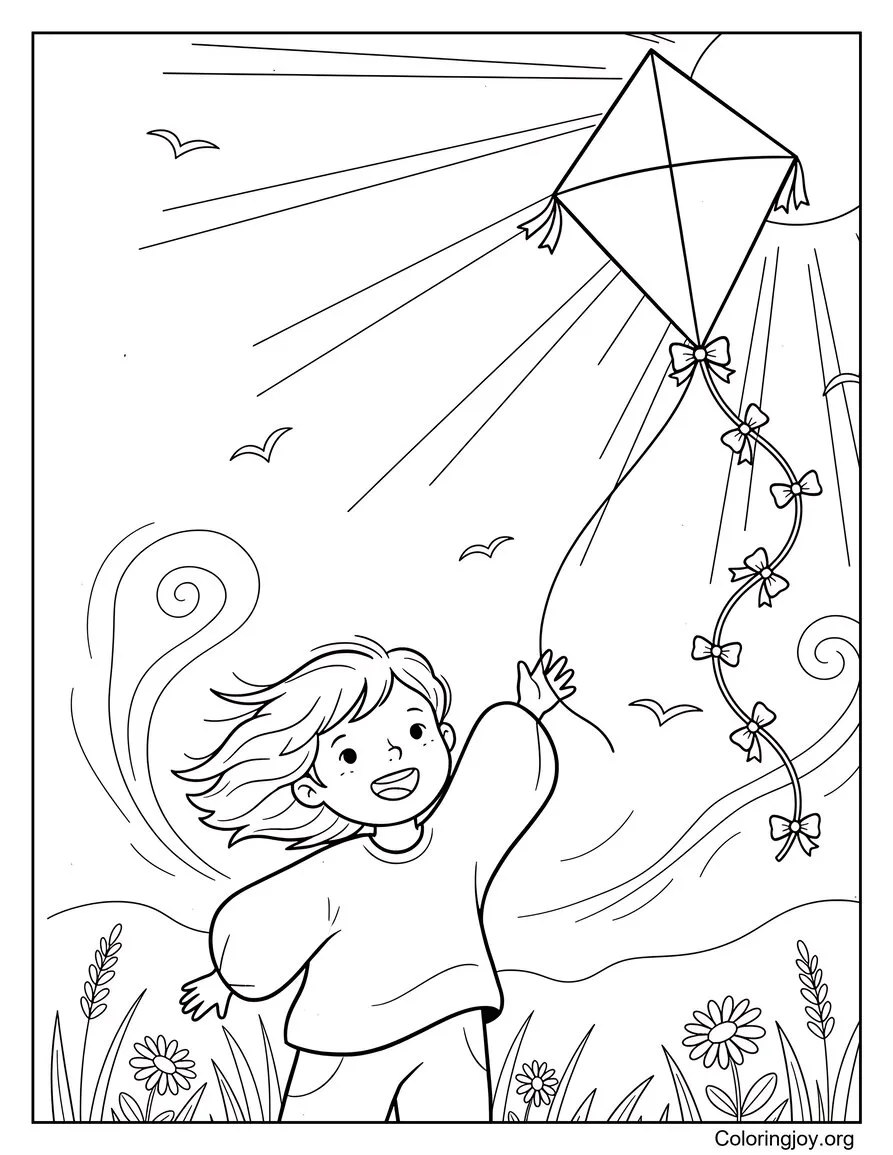 Pagina da colorare estiva per bambini in una giornata ventosa che vola con l'aquilone disegno da colorare