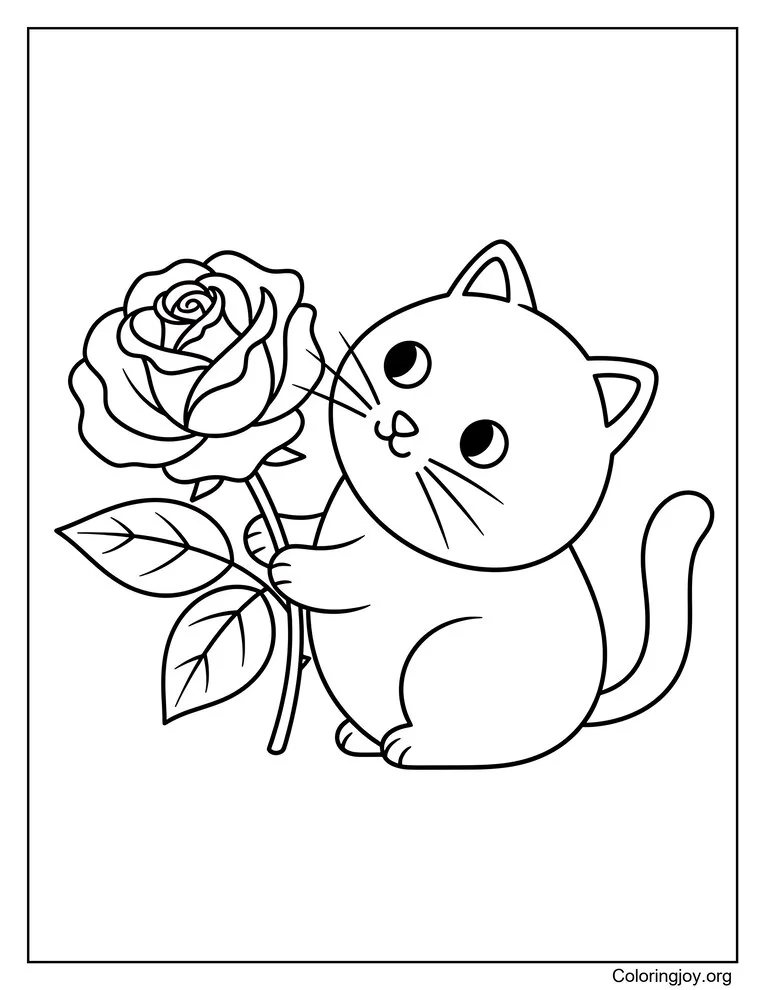 Cat Smelling A Rose Coloring Page