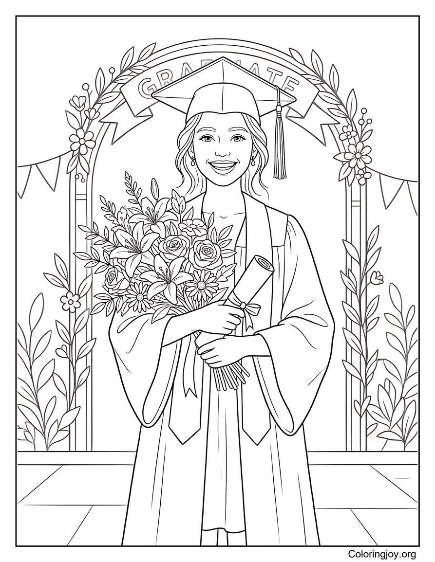 Teen Girl Graduate With Flowers And Diploma coloring page