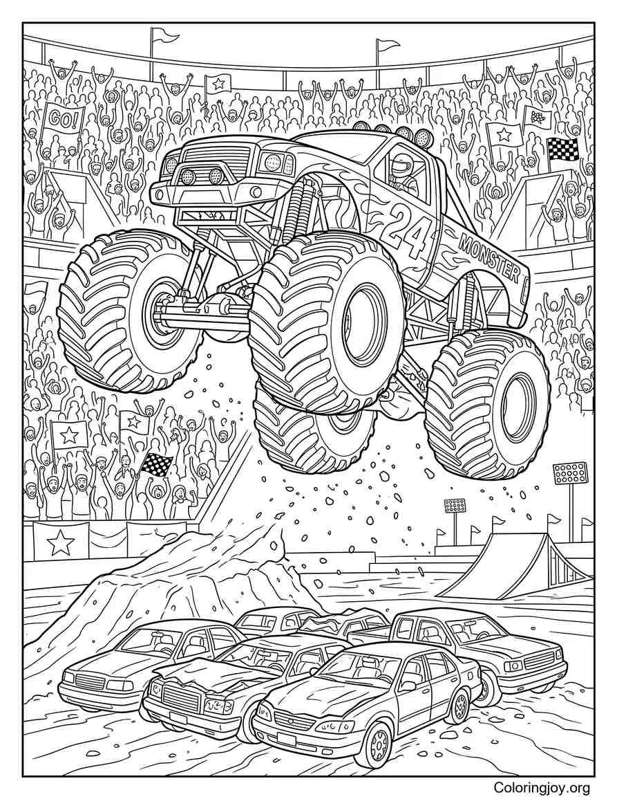 Monster Truck Jumping Over Cars Coloring Sheet coloring page