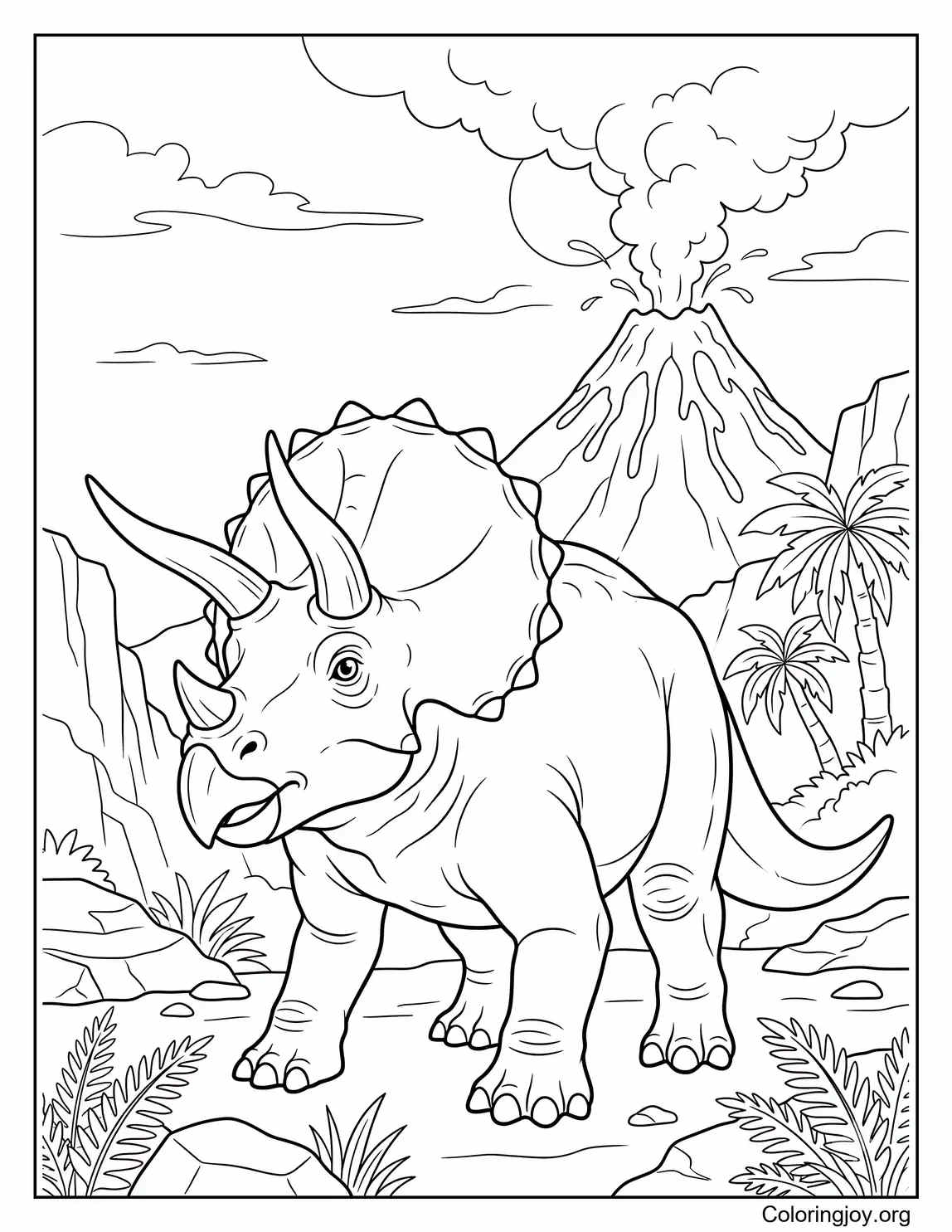 Triceratops and Volcano Background Coloring Sheet