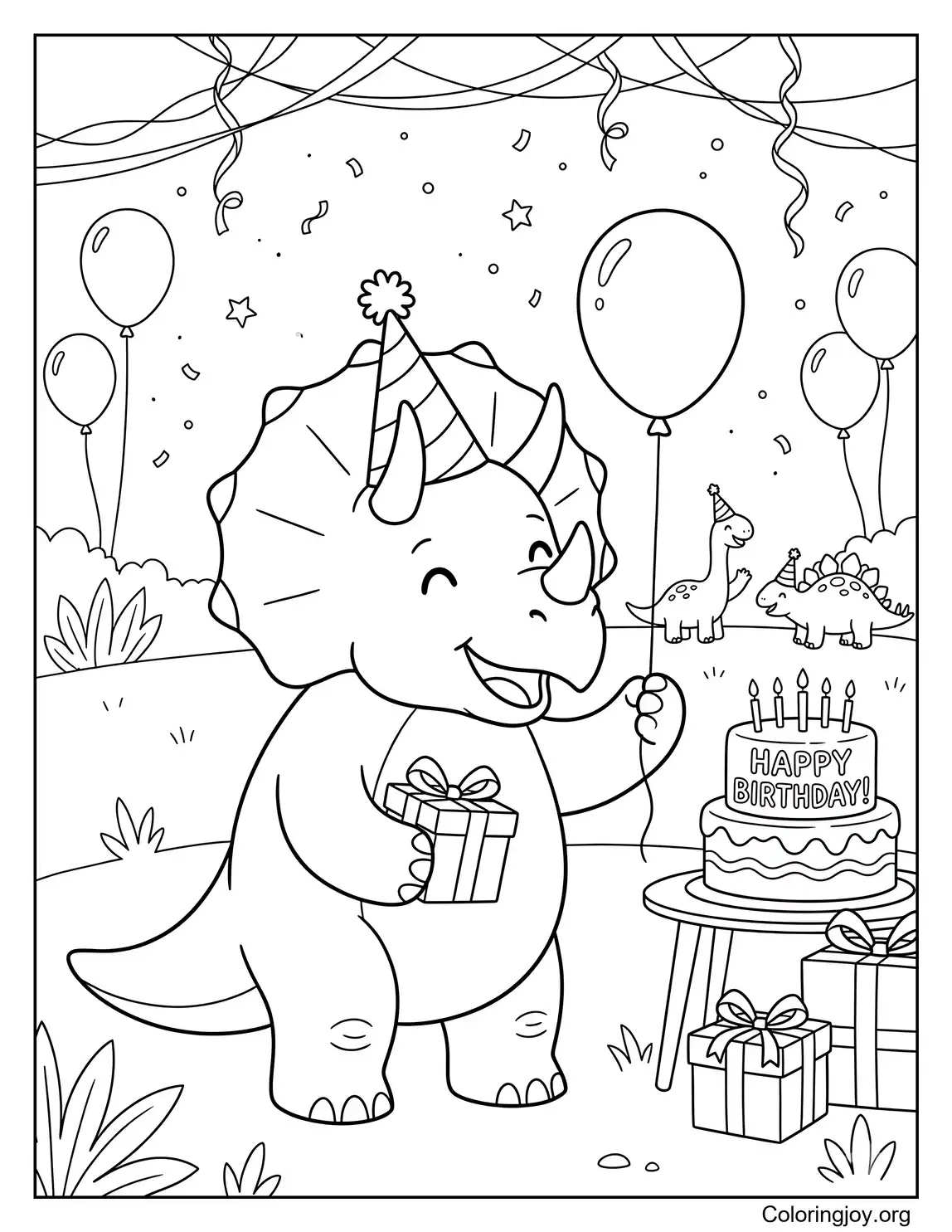 Triceratops Birthday Party Coloring Page for Kids