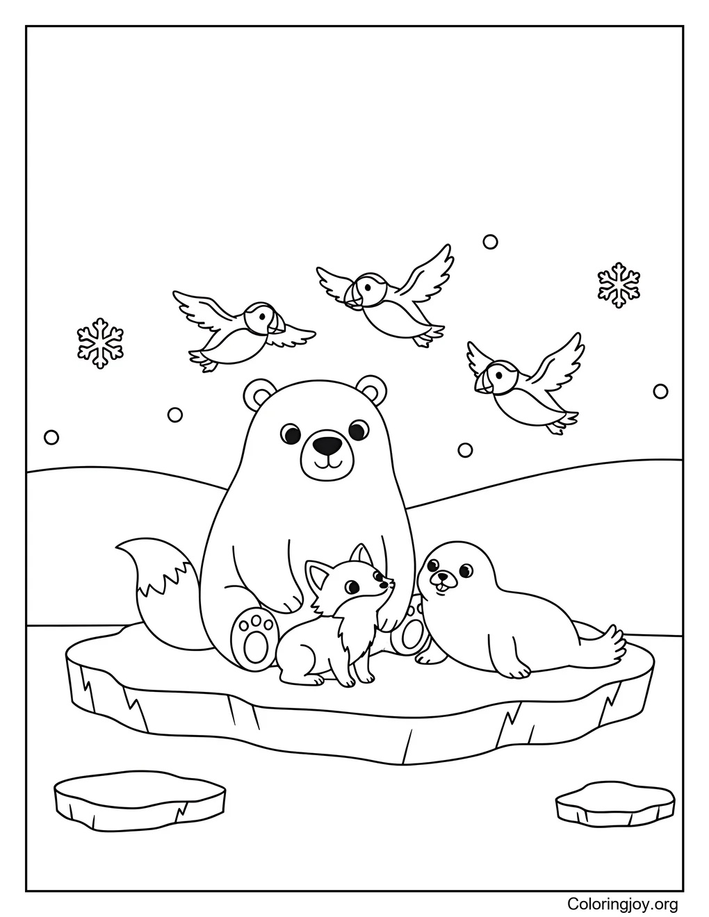 Arctic Animal Friends,Color happy animals playing in the snow.