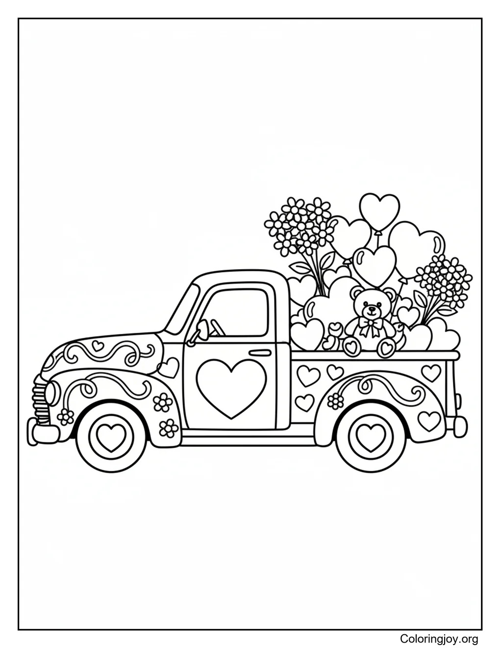 Camión de San Valentín página para colorear