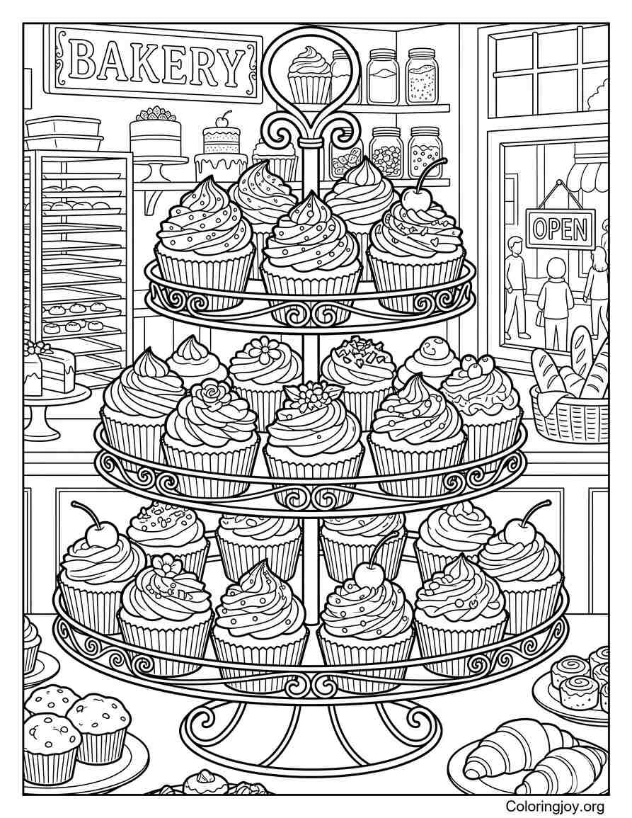Présentoir de boulangerie avec cupcakes réalistes sur support coloriage