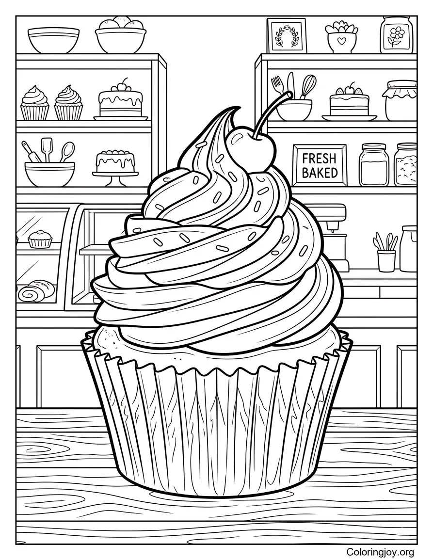 Cupcake réaliste à la vanille avec glaçage à la crème au beurre tourbillonné coloriage