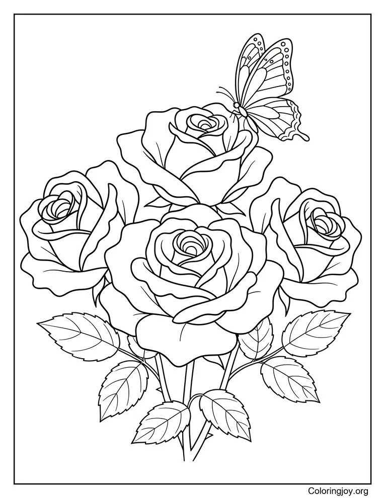 Roses with Butterfly Coloring Page