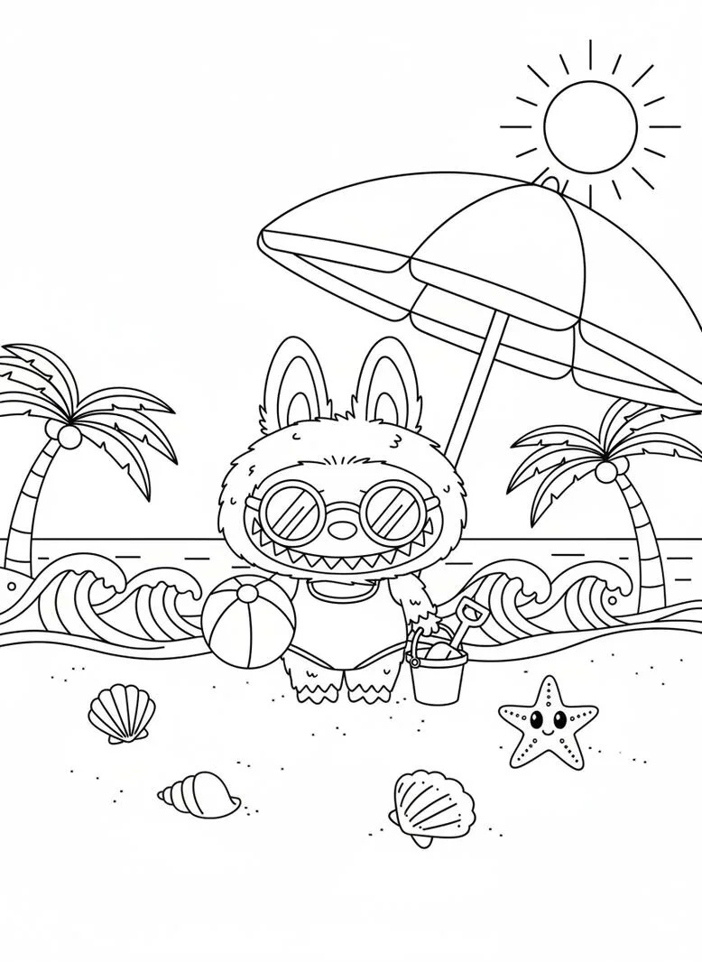 Labubu página para colorear playa