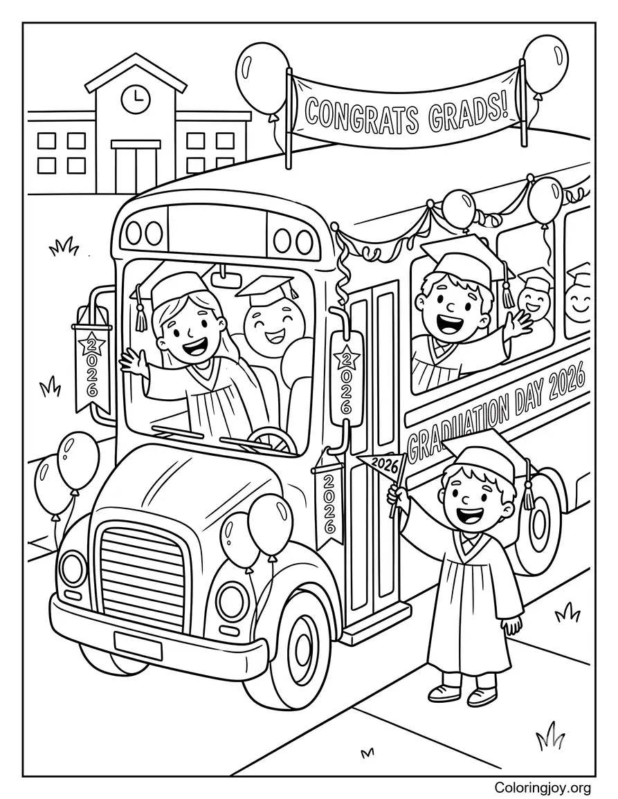 Graduation Day School Bus Celebration coloring page